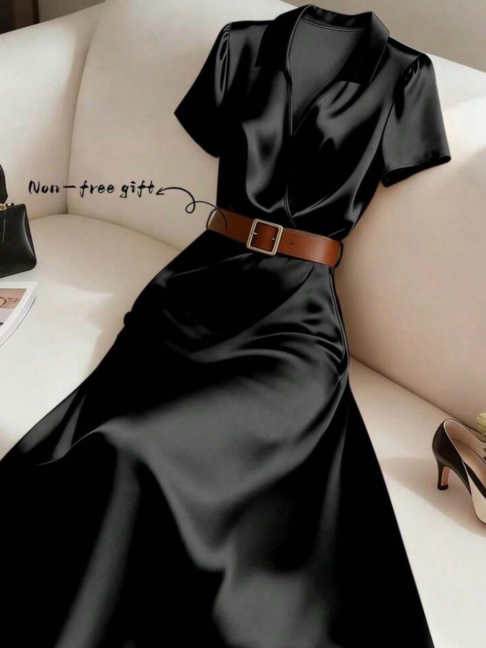 Classic Black Satin Short-Sleeve Midi Dress